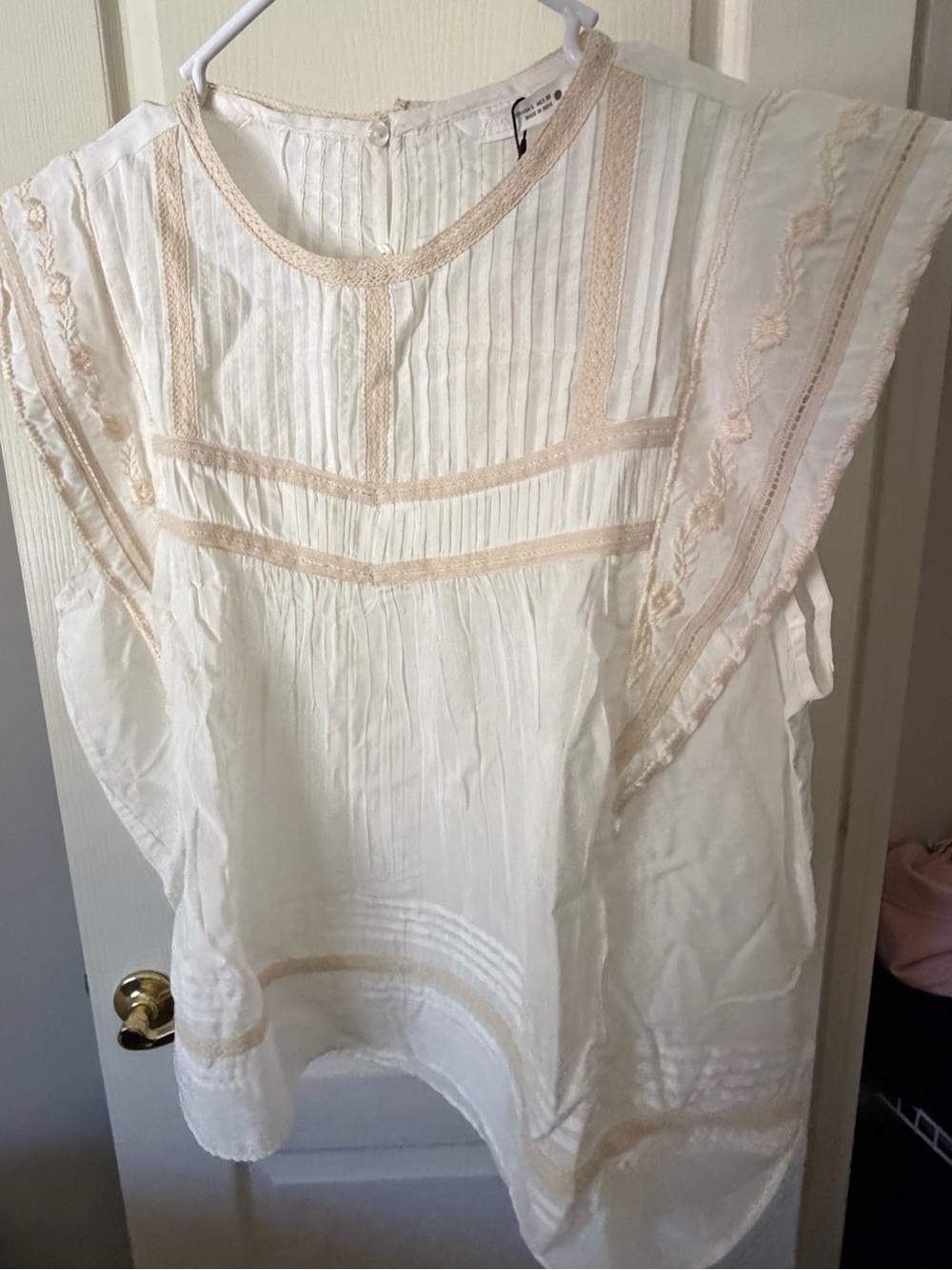Zara white Embroidered Cotton Blouse with Neutral Trim